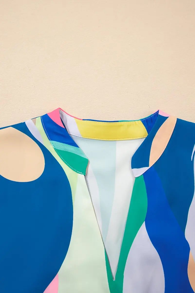 Blue Abstract Print V Neck Cap Sleeve Pocketed Mini Dress - Love Salve